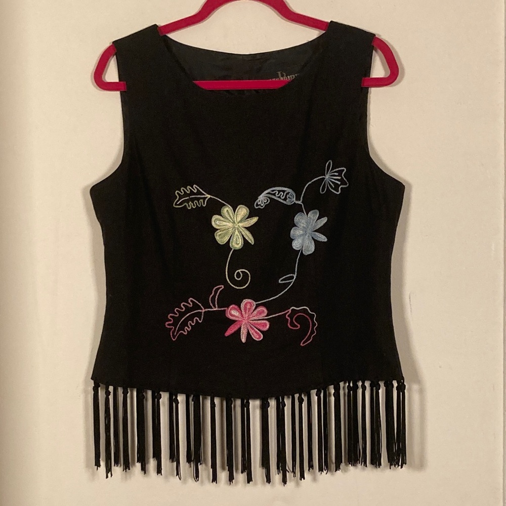 VTG Y2K Tropical Embroidered Linen Fringe Top Sz 12 Tiki Vacation Resort Floral